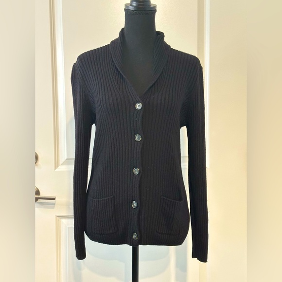 LL Bean Womens Large Cardigan 100% Merino Wool Sweater Collar Shawl Black Pocket - Picture 1 of 10